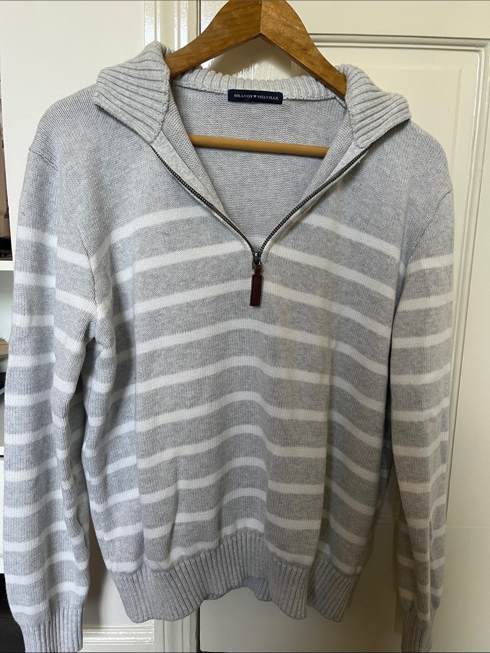 Brandy Melville Light Gray and White Striped Half-Zip Sweater